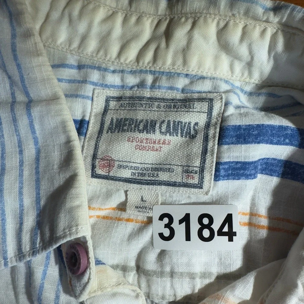 Vintage American Canvas Button Down Shirt Men Large White Blue Striped 90s Retro